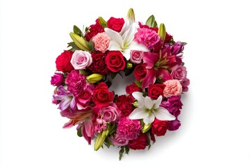 Vibrant floral wreath arrangement of roses, lilies, and carnations.
