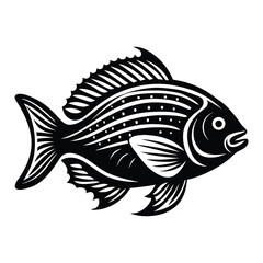 Tropical River Fish Designs in Black and White Coastal Characters Black Vector Fish Icons, Tilapia fish silhouette vector illustration