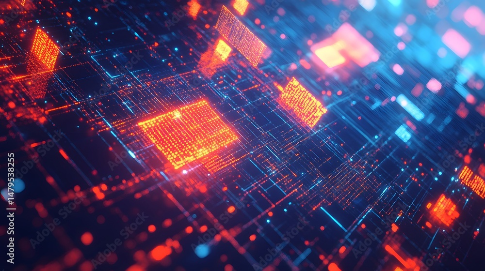Aufkleber abstract digital network structure with glowing orange blocks.