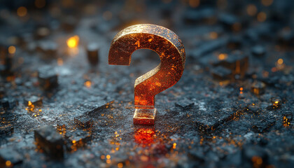 Close-up microphotography of a golden question mark symbol next to a red one, rendered in shiny 3D