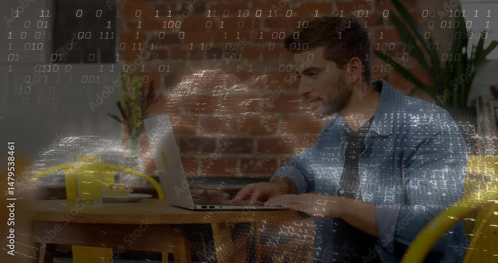 Poster man typing on laptop in technology workspace, data charts floating above wooden table
