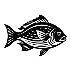 Tropical River Fish Designs in Black and White Coastal Characters Black Vector Fish Icons, Tilapia fish silhouette vector illustration