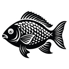 Tropical River Fish Designs in Black and White Coastal Characters Black Vector Fish Icons, Tilapia fish silhouette vector illustration