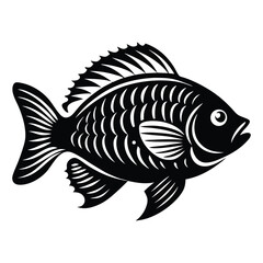 Tropical River Fish Designs in Black and White Coastal Characters Black Vector Fish Icons, Tilapia fish silhouette vector illustration