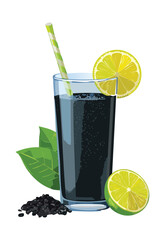 Black Soda with Lemon Slice and Mint - Vector Illustration