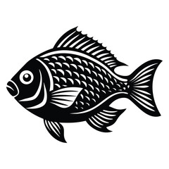 Tropical River Fish Designs in Black and White Coastal Characters Black Vector Fish Icons, Tilapia fish silhouette vector illustration