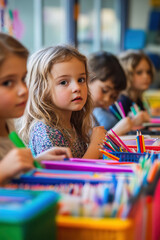 Elementary students sit at clean desks, gently pulling notebooks and markers from packaging with focused expressions