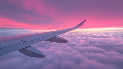 Obraz premium Aerial view of airplane wing over clouds at sunrise.