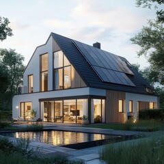 Modern House with Solar Panels and Pool at Dusk