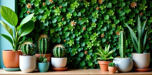 Modern home garden; variety of cacti, succulents & air plants in stylish pots, green wall feature , home, pots, succulent decor