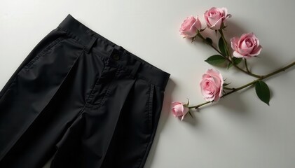 Classic black trousers, crisp crease, flat lay , pants, high waist