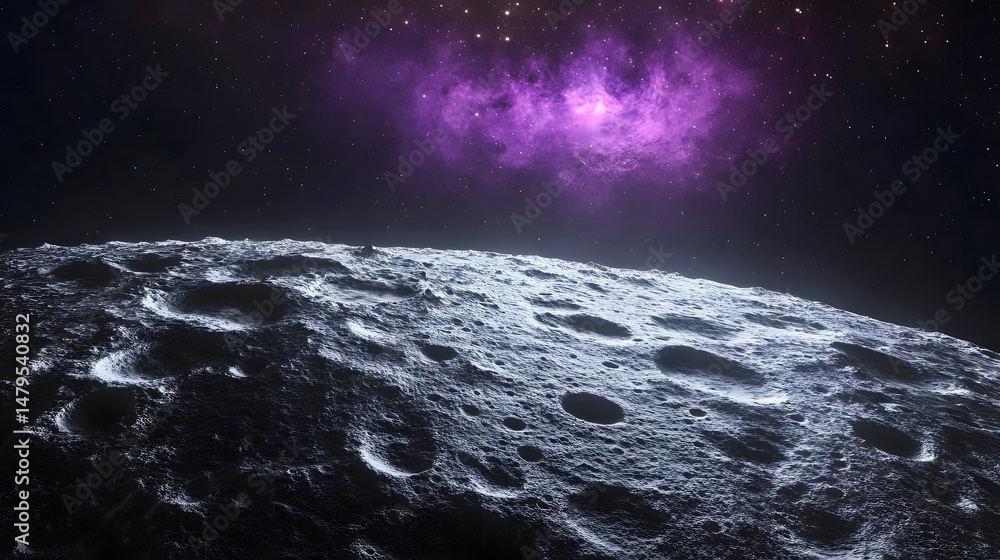 Poster close-up view of a cratered celestial body in space.