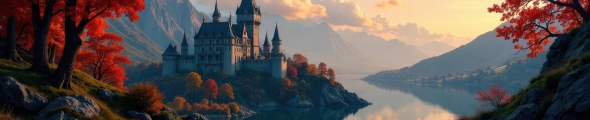 Impressionist castle scene, fall colors, dark academia vibes  , beige, neutral tones, rustic