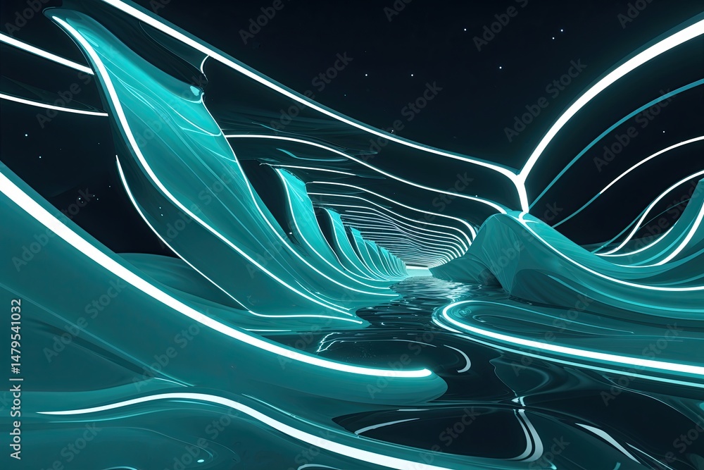 Aufkleber futuristic waves: advanced architecture and iot energy design with glowing cyan beams and curved lin