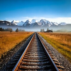 Fototapeta premium Vías de tren solitarias a través de un campo brumoso que conducen a montañas cubiertas de nieve