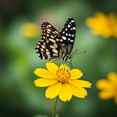 Obraz premium Black and White Butterfly on Yellow Flower
