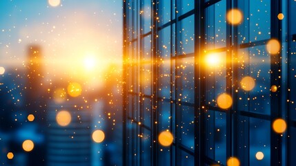 Futuristic city technology background glowing data particles light modern urban building sunset.
