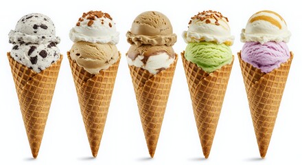 Assorted Ice Cream Flavors in Waffle Cones on a White Backdrop Cookies and Cream Coffee Caramel Pistachio and Berry Swirl Perfect for Clip Art or Ice Cream Day