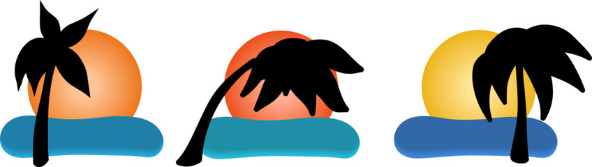 Silhouette of a palm tree against the background of the sun and the sea.