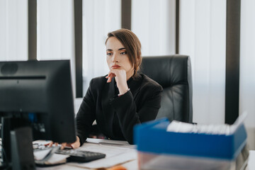 Confident businesswoman sitting at a desk while working on a computer in a professional office. She appears focused and deeply engaged in her tasks, highlighting determination and productivity.