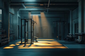 Modern gym interior with squat rack and bench under dramatic lighting in a dark environment, creating a focused workout atmosphere