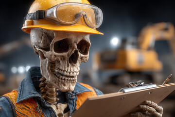 a photograph of a skeleton wearing a construction helmet and safety vest, holding a blueprint at a construction site with heavy machinery in the background