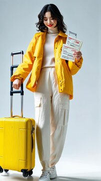 Confident woman traveling with yellow suitcase and boarding pass