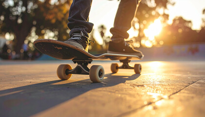 Skateboarder rides on concrete under sunlit trees, feet on the deck