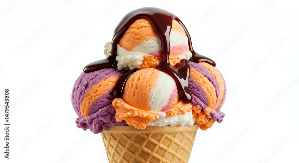 Poster colorful ice cream cone with swirling flavors and chocolate sauce on white background for sweet trea