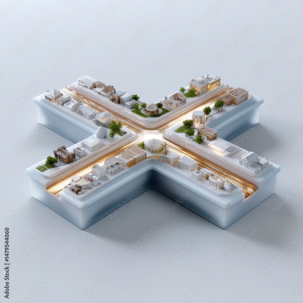 Poster a 4-giixel digital twin urban model rendered in 3d showcases a detailed cross-shaped environment wit