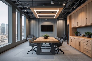 Modern Workspace Solutions in a Spacious Innovation Hub with Gray Paneling and Custom Wooden Cabinetry