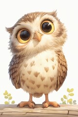 Fototapeta premium Adorable baby owl with large eyes, perched on a branch. Soft, cute illustration