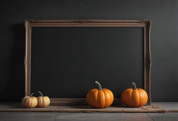 Elegant black chalkboard with simple frame, three perfectly arranged pumpkins ,  elegant,  photography,  simple