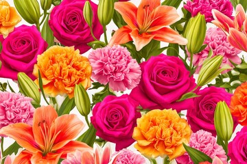 Vibrant floral arrangement of roses, lilies, and carnations.