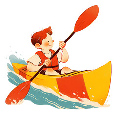 Boy paddling yellow and orange canoe with red paddle wearing safety vest. Adventure and travel concept. Design for stickers, t-shirts, summer product advertisement. Perfect for kids camps and family v