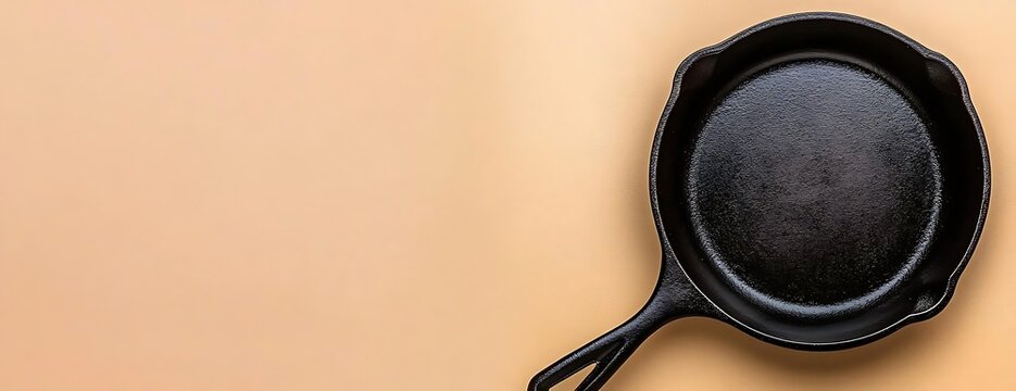 Empty cast iron skillet on beige. Cooking