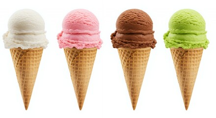 Four Ice Cream Cones with Vanilla Strawberry Chocolate and Pistachio Scoops Isolated on White Background Perfect for Summer Promotions and Clip Art