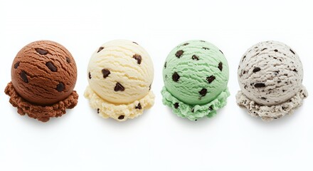 Four Scoops Ice Cream Chocolate Vanilla Mint Cookies and Cream Flavors Row Arrangement Isolated on White Background Sweet Cold Treat