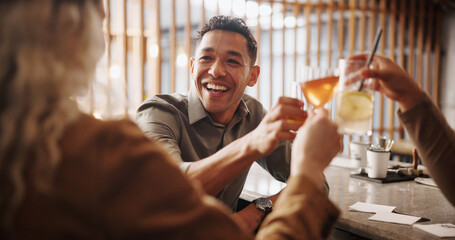 Restaurant, cocktails and friends with drink toast for social gathering, event and party. Bar,...