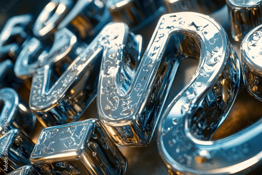 Poster metallic abstract sculpture featuring intertwining letters in shiny finish creating a modern artisti