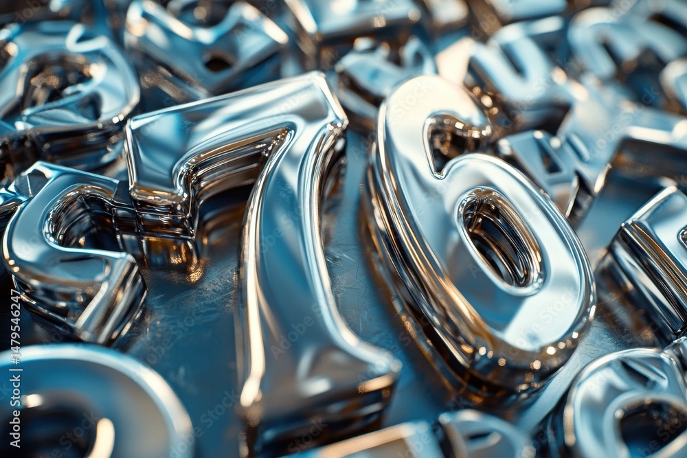Poster metallic abstract sculpture featuring intertwining letters in shiny finish creating a modern artisti