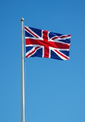 Flag of UK, Union Jack, British National Banner, Waving Flag, Patriotism, Tall Flagpole, Over London Skyline, Heritage