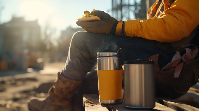 Construction Worker Taking a Break with Lunch and Thermos