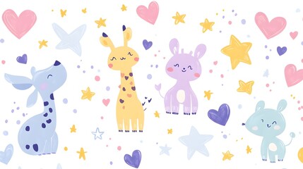 Fototapeta premium Cute animals and shapes in pastel colors.