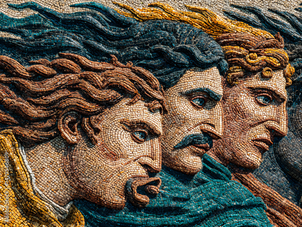 Poster a 3d rendering of a roman mosaic floor depicting a battle scene with vibrant colors and intricate ti