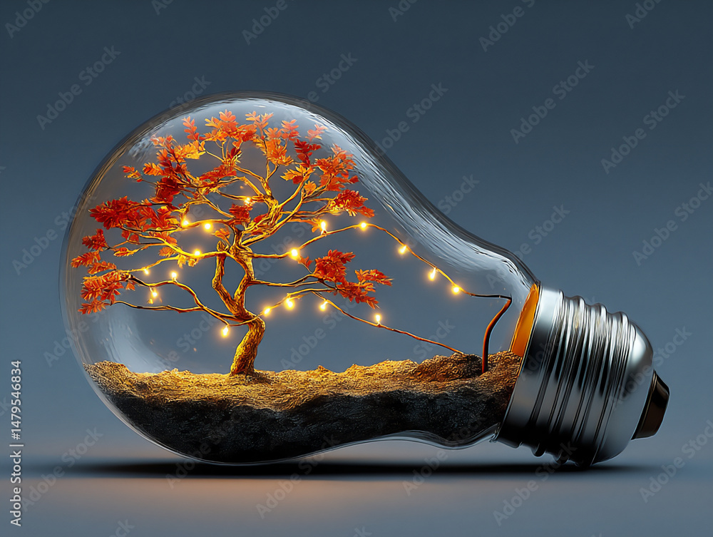 Poster a 3d rendering of a tiny green sprout growing from soil inside a clear light bulb, illuminated by so