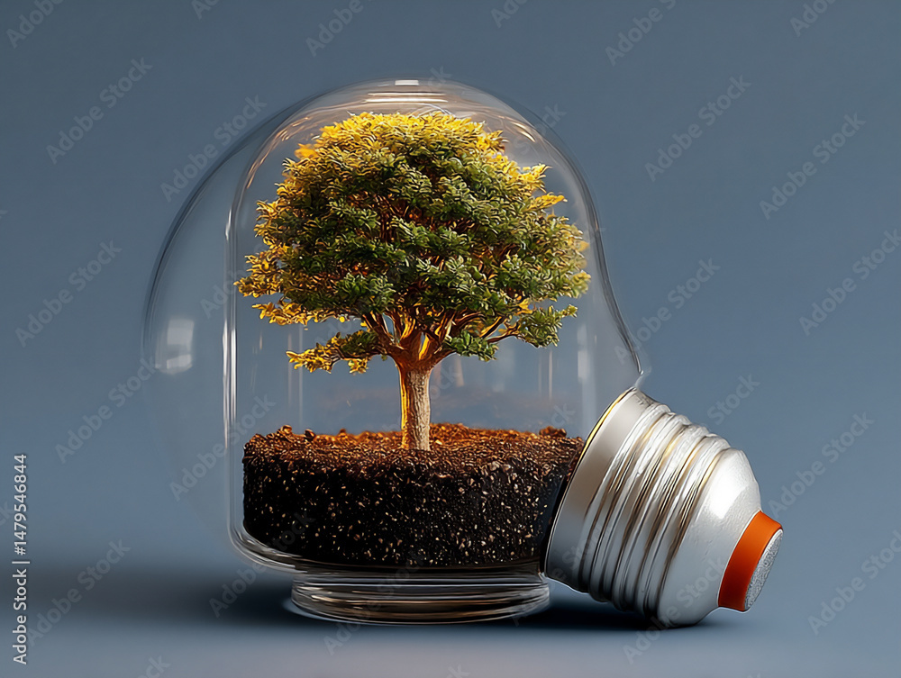 Poster a 3d rendering of a tiny green sprout growing from soil inside a clear light bulb, illuminated by so