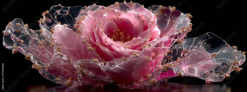 Poster a conceptual digital painting of a rose outline composed of cracked and broken clear glass pieces, c