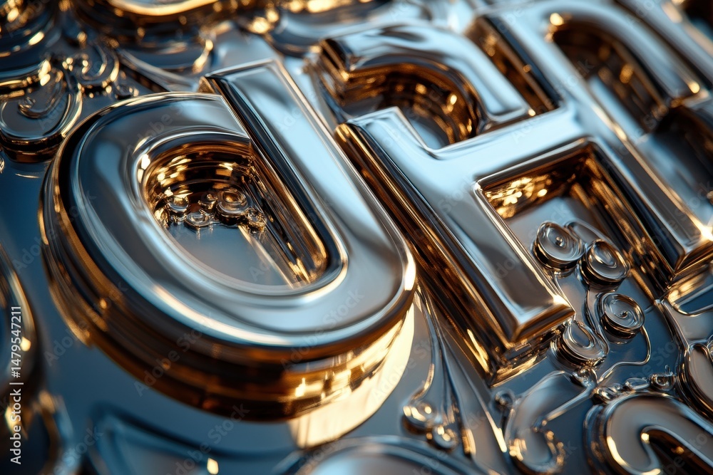 Poster metallic abstract sculpture featuring intertwining letters in shiny finish creating a modern artisti