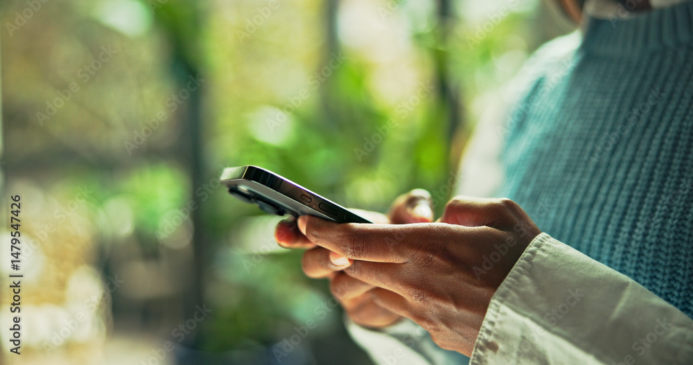 Aufkleber Hands, business and person typing with phone in office for communication, research and sustainable consultant. Advisor, space and mobile app for schedule update, reading information and green project